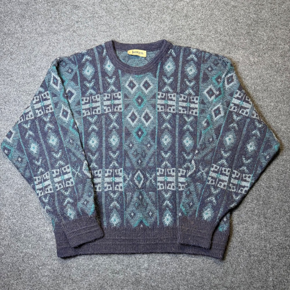Vintage 90s Jantzen Sweater Mens XL Blue Geometric Southwestern Made in USA